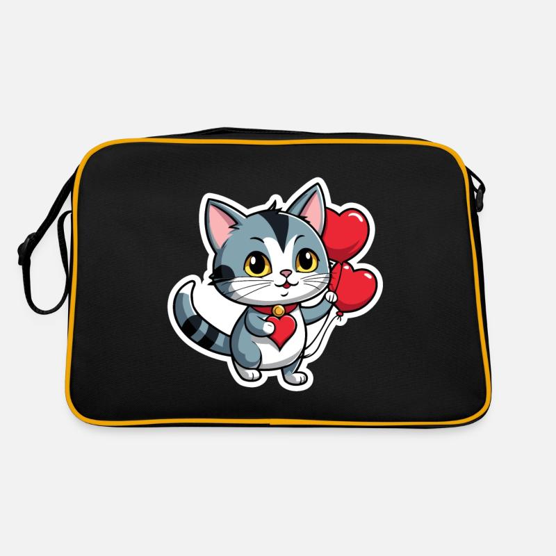 Katze Herz - Valentinstag - Retro Tasche - Schwarz/Gold