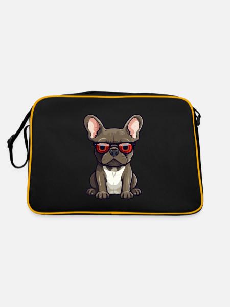 Französische Bulldogge Hunderasse Aquarell Karikatur Kawaii - Retro Tasche - Schwarz/Gold - Hinten