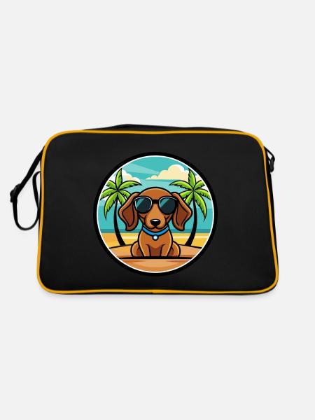 Miniatur Dackel Hund Rasse Cartoon Sonnenbrille - Retro Tasche - Schwarz/Gold - Hinten