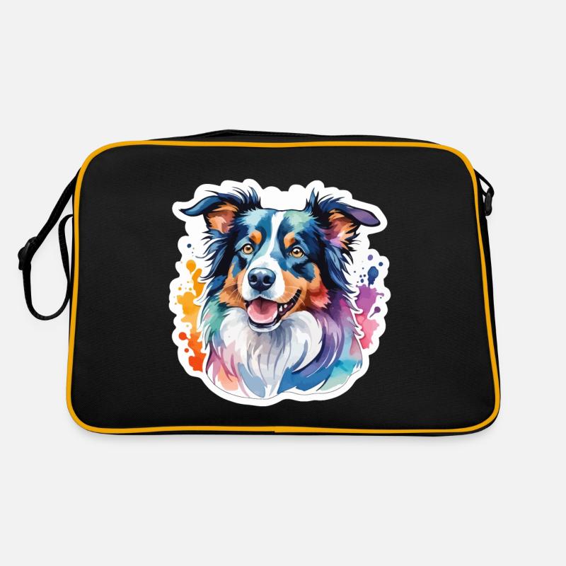 Border Collie Wasserfarben - Retro Tasche - Schwarz/Gold