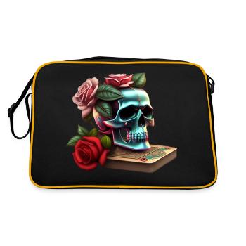 Totenkopf mit Rosen und Spielkarten - Retro Tasche - Schwarz/Gold - Hinten