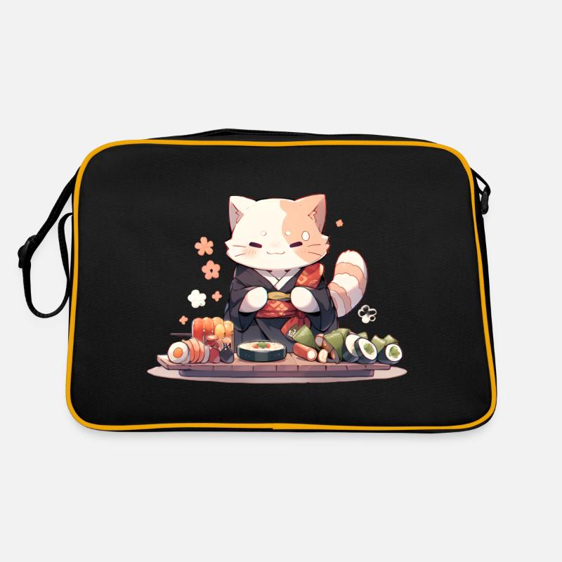 Chat samouraï mange des sushis - Sac Retro - noir/or
