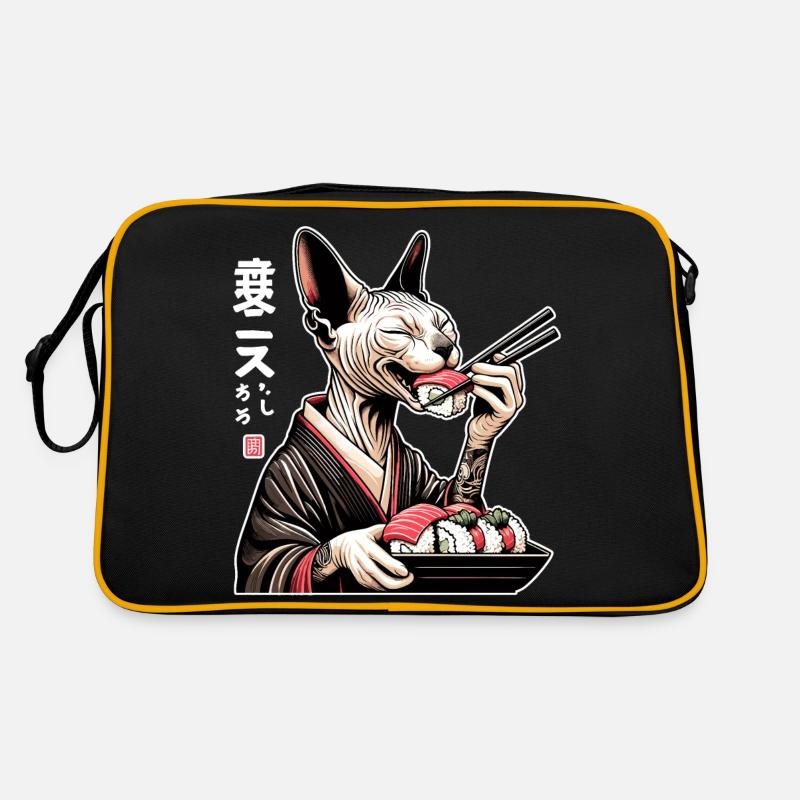 Eine glückliche Sphynx Katze, die im Kimono Sushi Retro Tasche