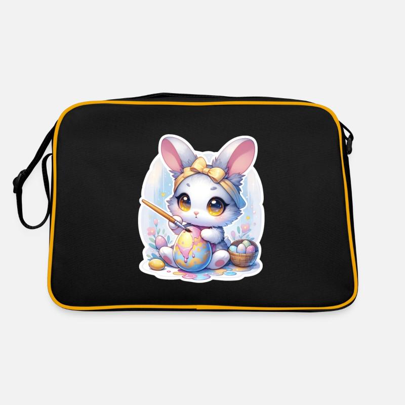 Süßer Chibi-Hase mit Haarband und Ostereiern - Retro Tasche - Schwarz/Gold