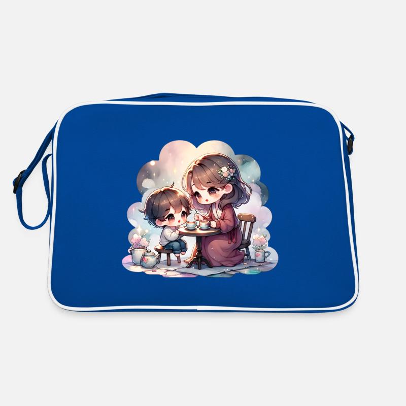 Mutter und Sohn genießen eine gemütliche Teeparty Retro Tasche