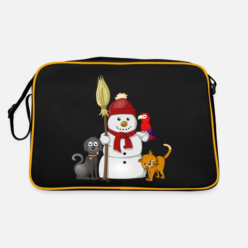 Schneemann mit rotem Schal, Hund, Katze und Papagei Retro Tasche