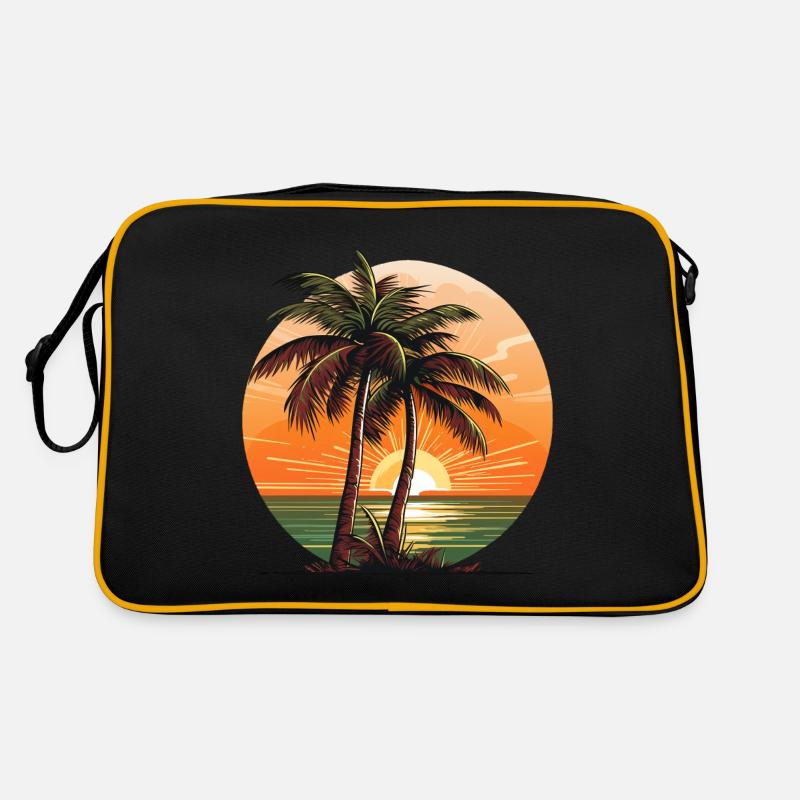 Cocotiers sur la plage devant un coucher de soleil Sac Retro