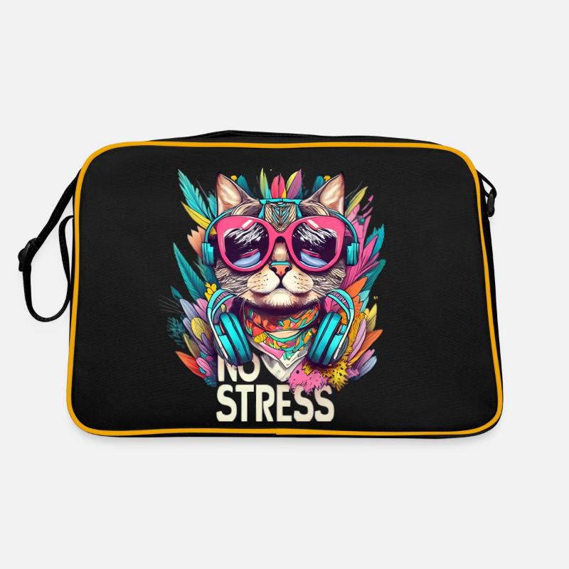 Coole Katze mit Brille - No Stress Cat Design - Retro Tasche - Schwarz/Gold