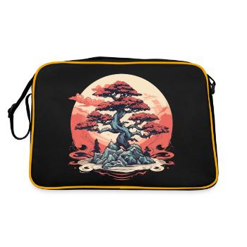 Bonsai Baum Sonnenuntergang - Retro Tasche - Schwarz/Gold - Hinten