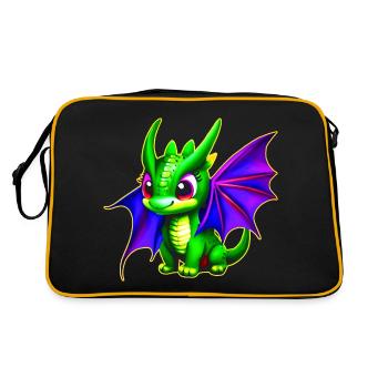 Kleiner süßer grüner Fantasy Drache - Retro Tasche - Schwarz/Gold - Hinten