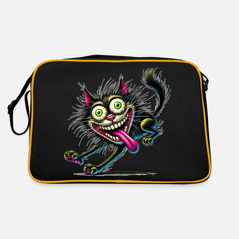 Crazy Katze Comic Stil lustiges Tier Motiv - Retro Tasche - Schwarz/Gold