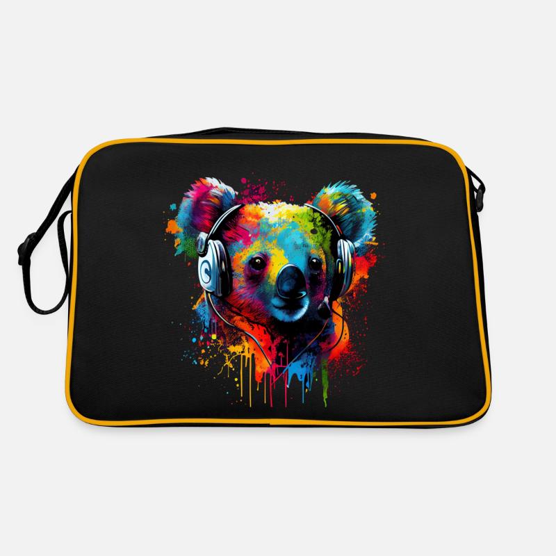 Koala Bär mit Kopfhörern - Retro Tasche - Schwarz/Gold