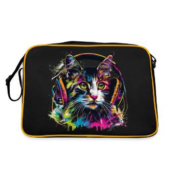 Katze mit großen Kopfhörern - Retro Tasche - Schwarz/Gold - Hinten