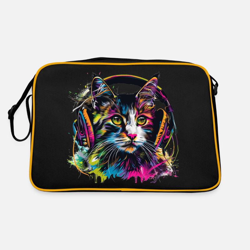 Katze mit großen Kopfhörern - Retro Tasche - Schwarz/Gold
