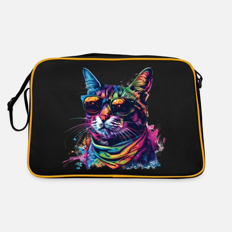 Regenbogen Graffiti Katze mit Sonnenbrille - Retro Tasche - Schwarz/Gold