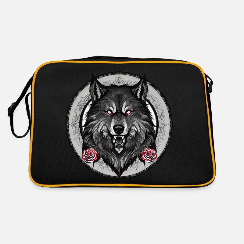 Grimmiger Wolf mit Rosen Retro Tasche