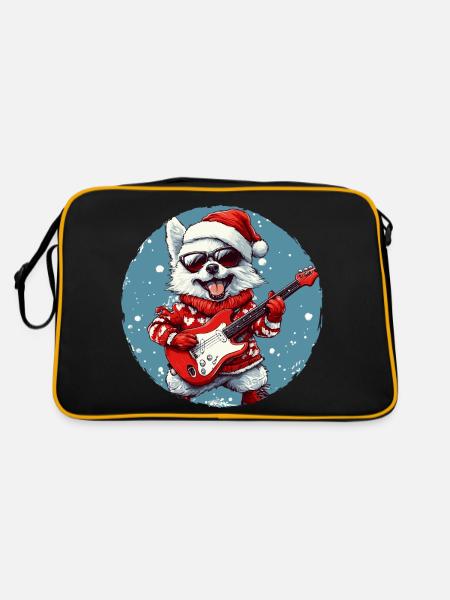 Akita Hund Weihnachten Rocker Gitarre - Retro Tasche - Schwarz/Gold - Hinten