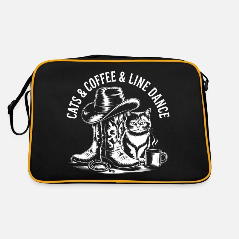 Katzen Kaffee und Line Dance. Linedance Katzen - Retro Tasche - Schwarz/Gold