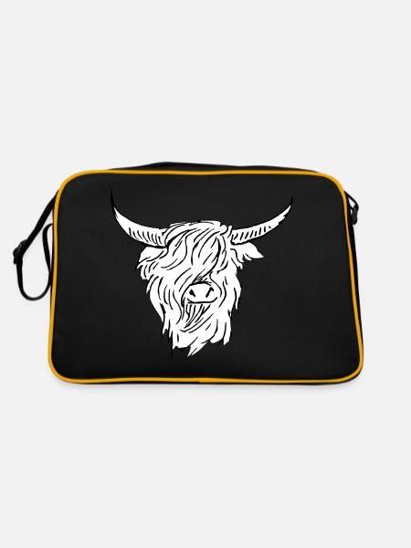 scottish highlander black white line drawing - Retro Bag - black/gold - Back