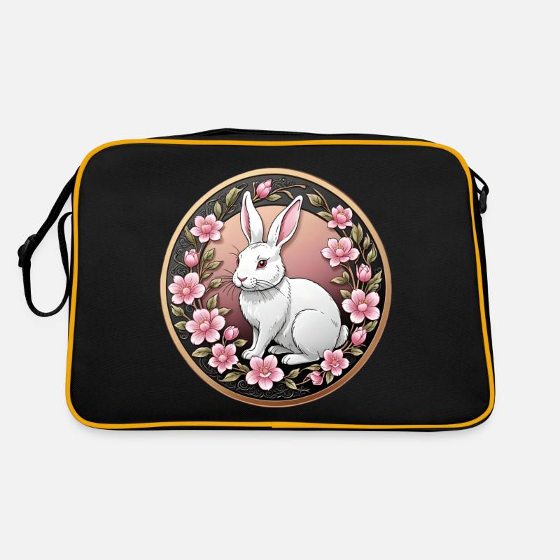 Fancy coin white rabbit among pink flowers Retro Bag