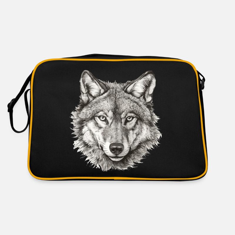 Wolf Wolf Head Black & White Drawn Art - Sac Retro - noir/or