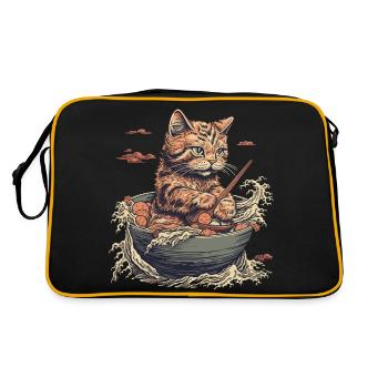 Katze isst Ramen Nudeln, welle von kanagawa - Retro Tasche - Schwarz/Gold - Hinten
