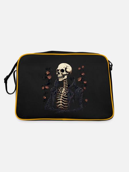 Halloween Skelett Mit Rosen - Retro Tasche - Schwarz/Gold - Hinten
