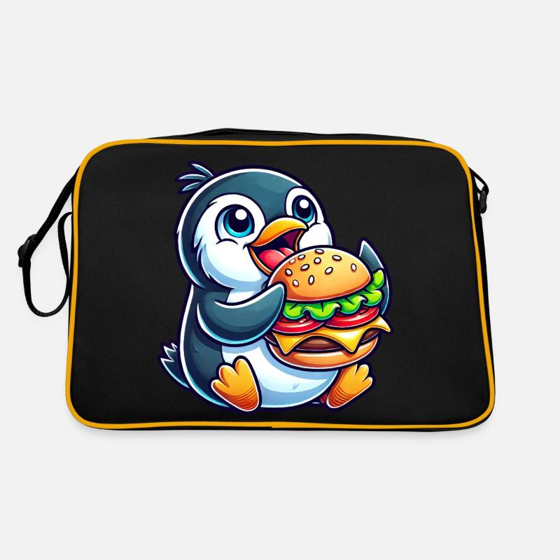 Skurriler Pinguin mit Hamburger lustig Chibi Retro Tasche
