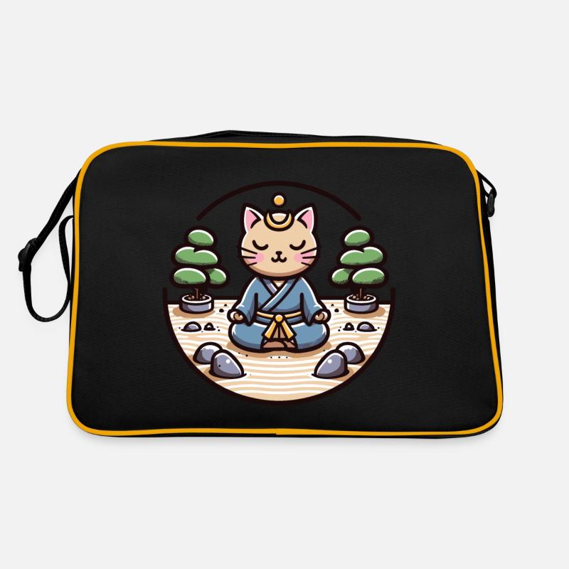 Ruhige Samurai-Katze in einem Zen-Garten - Retro Tasche - Schwarz/Gold