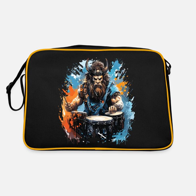 Ein Wikingerkrieger, der Schlagzeug spielt. Retro Tasche