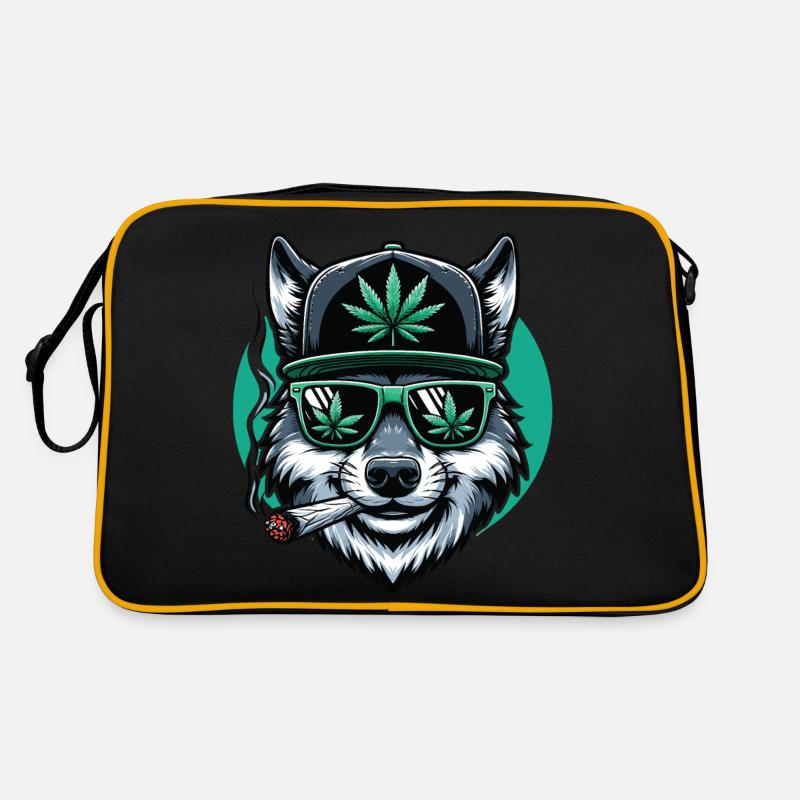 Ein Wolf raucht einen Marihuana-Joint Retro Tasche