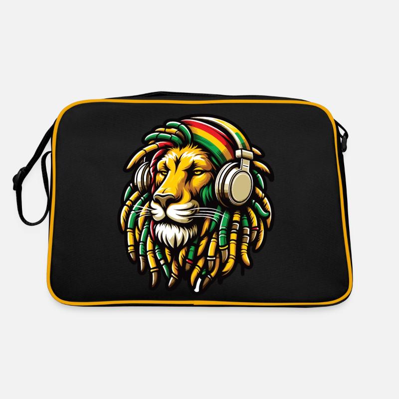 Ein Rasta-Löwe mit Dreadlocks und Kopfhörern Retro Tasche