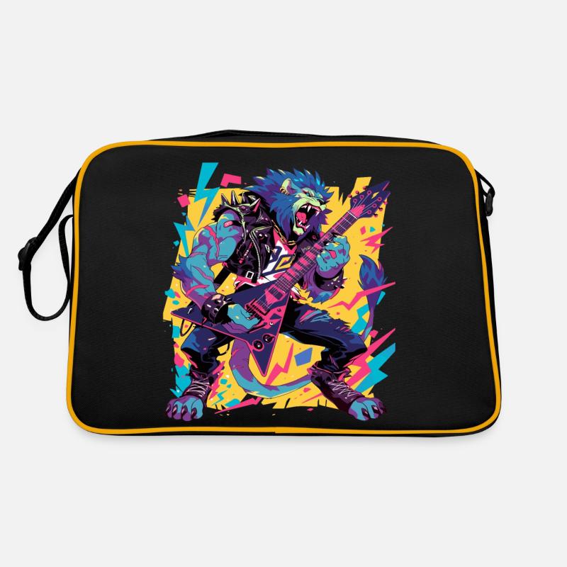 Aggressive Lion Playing Pop Art Style Guitar - Retro Bag - black/gold