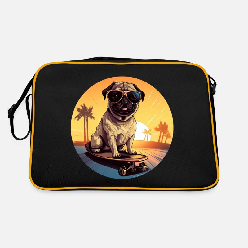 Skateboardender Sonnenuntergangs-Mops: Cooles Aben Retro Tasche