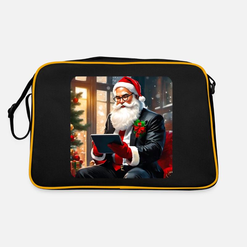 Cooler moderner Weihnachtsmann im Anzug und Tablet Retro Tasche