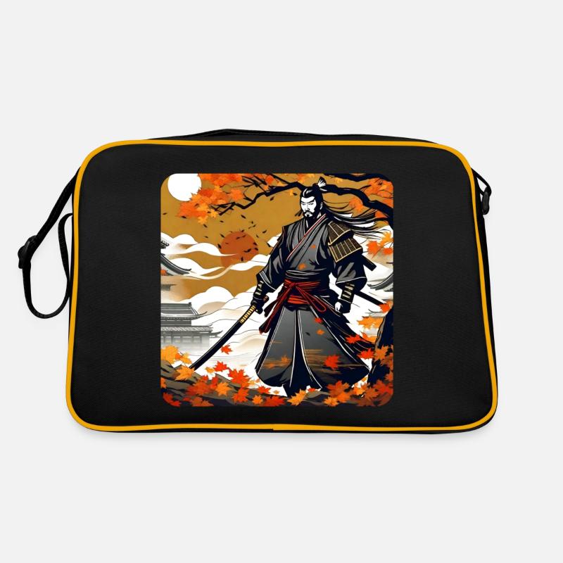 Stolzer Samurai Krieger mit Katana im Herbst Retro Tasche
