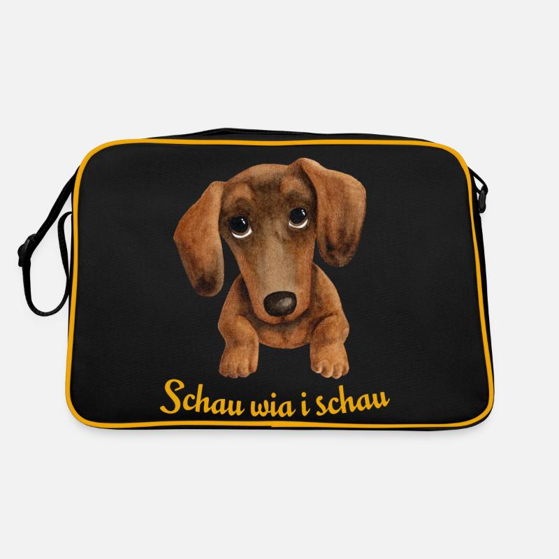 Dackelblick "Schau wia i schau" – Dackel Geschenk - Retro Tasche - Schwarz/Gold