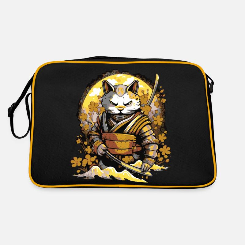 Samurai-Katze - Retro Tasche - Schwarz/Gold