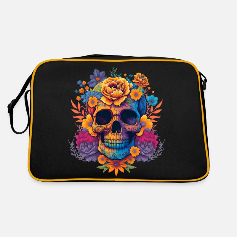 Schädel mit bunten Blumen - Retro Tasche - Schwarz/Gold