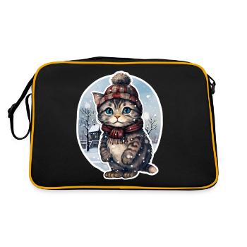 Katze mit Mütze und Schal im Schnee - Retro Tasche - Schwarz/Gold - Hinten