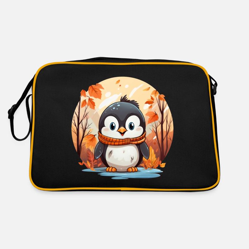 Pinguin Herbstlaub Winter Wintereinbruch - Retro Tasche - Schwarz/Gold