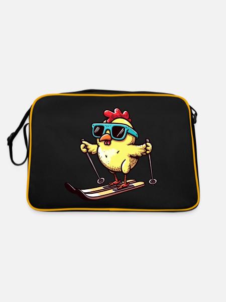 Ski fahrende Hühner - Lustiges Geflügel auf den - Retro Tasche - Schwarz/Gold - Hinten