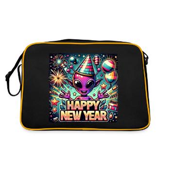 Neujahr Sylvester Alien Frohes Fest - Retro Tasche - Schwarz/Gold - Hinten