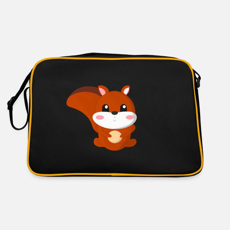 süßes Eichhörnchen mit einer Nuss und Retro Tasche