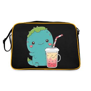 Kawaii Süße Glückliche bunte Dino Trinken Tee - Retro Tasche - Schwarz/Gold - Hinten