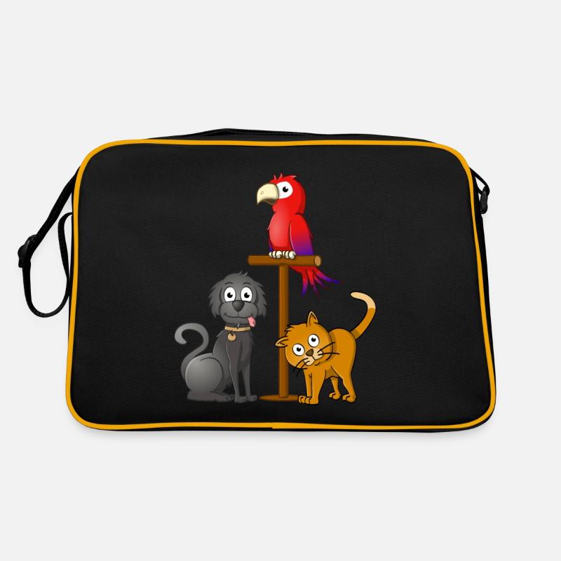 Schwarzer Hund, orangefarbene Katze und Papagei am Spieß - Retro Tasche - Schwarz/Gold