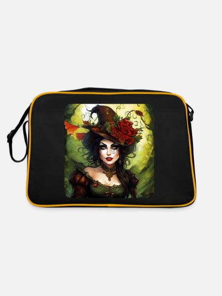 Halloween Fee mit Hut und Blumen - Retro Tasche - Schwarz/Gold - Hinten