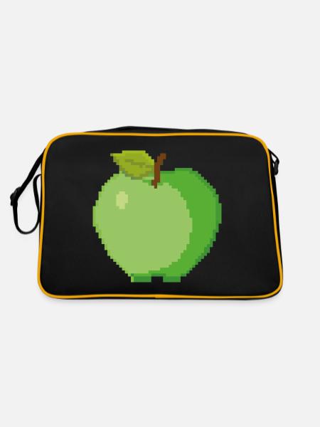 Retro Pixel Grüner Apfel - Retro Tasche - Schwarz/Gold - Hinten