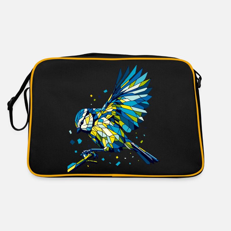 Blaumeise Polygon bunt - Retro Tasche - Schwarz/Gold