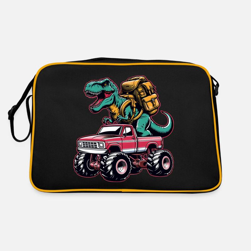 Dino Monster Truck Schulanfang Einschulung - Retro Tasche - Schwarz/Gold